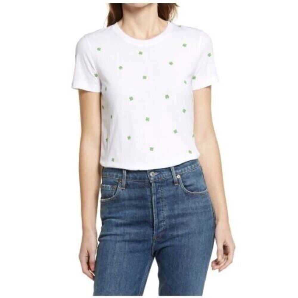 Halogen Women's Crew Neck Short Sleeve Clover Print Tee In White‎ 2XS MSRP $25